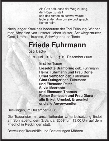 Traueranzeige von Frieda Fuhrmann von ALLGEMEINE ZEITUNG UELZEN