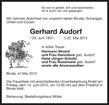 Traueranzeige von Gerhard Audorf von ALLGEMEINE ZEITUNG UELZEN