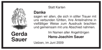 Traueranzeige von Gerda Sauer von ALLGEMEINE ZEITUNG UELZEN