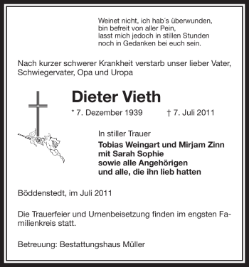 Traueranzeige von Dieter Vieth von ALLGEMEINE ZEITUNG UELZEN