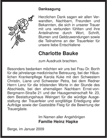 Traueranzeige von Charlotte Bauke von ALLGEMEINE ZEITUNG UELZEN