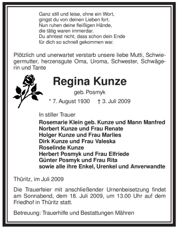 Traueranzeige von Regina Kunze von ALLGEMEINE ZEITUNG UELZEN