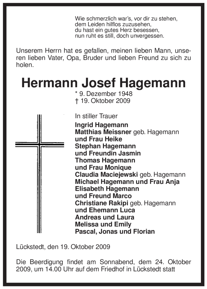  Traueranzeige für Hermann Josef Hagemann vom 21.10.2009 aus ALLGEMEINE ZEITUNG UELZEN