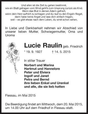 Traueranzeige von Lucie Raulin von Uelzen