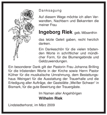 Traueranzeige von Ingeborg Riek von ALLGEMEINE ZEITUNG UELZEN