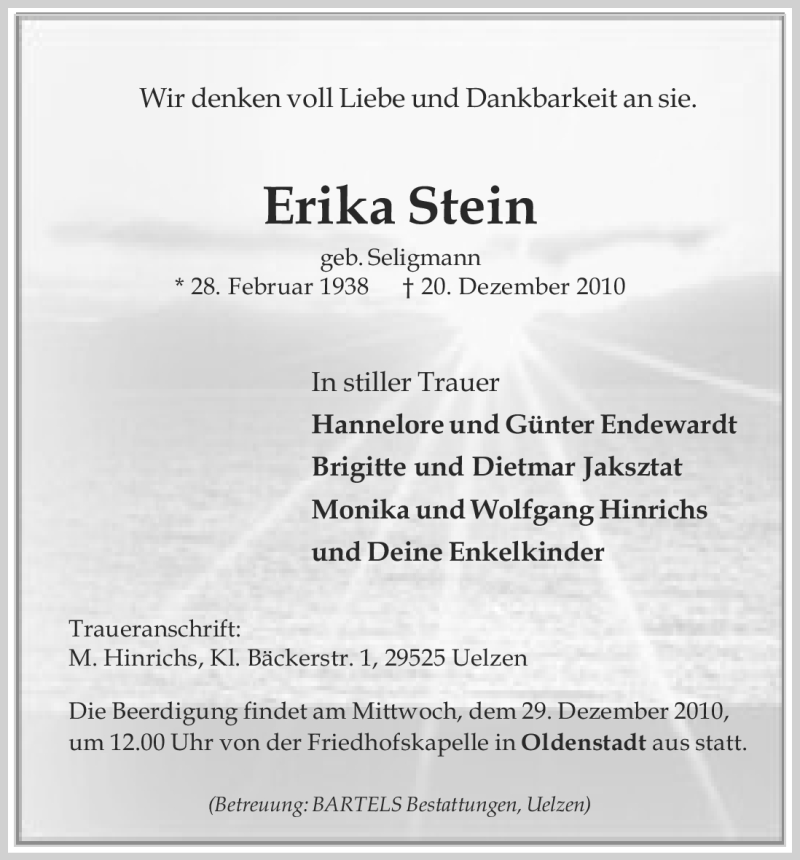  Traueranzeige für Erika Stein vom 24.12.2010 aus ALLGEMEINE ZEITUNG UELZEN