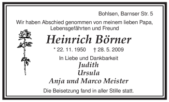 Traueranzeige von Heinrich Börner von ALLGEMEINE ZEITUNG UELZEN