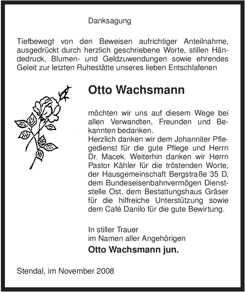  Traueranzeige für Otto Wachsmann vom 14.11.2008 aus ALLGEMEINE ZEITUNG UELZEN