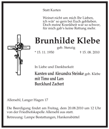 Traueranzeige von Brunhilde Klebe von ALLGEMEINE ZEITUNG UELZEN