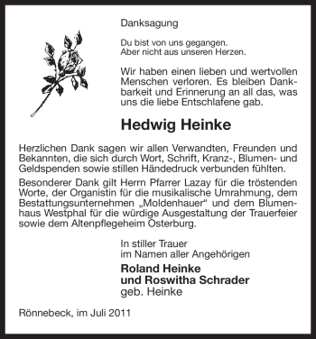 Traueranzeige von Hedwig Heinke von ALLGEMEINE ZEITUNG UELZEN