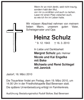 Traueranzeige von Heinz Schulz von ALLGEMEINE ZEITUNG UELZEN