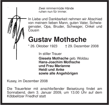 Traueranzeige von Gustav Mothsche von ALLGEMEINE ZEITUNG UELZEN
