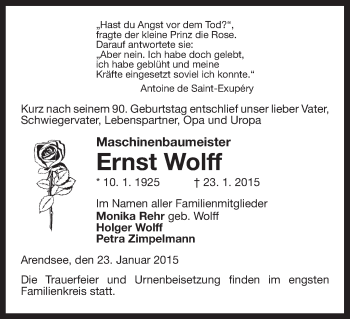 Traueranzeige von Ernst Wolff von Uelzen
