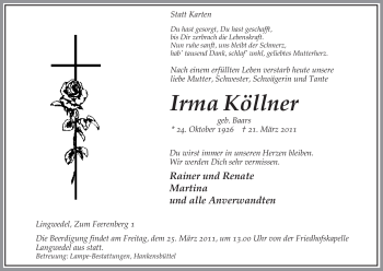 Traueranzeige von Irma Köllner von ALLGEMEINE ZEITUNG UELZEN