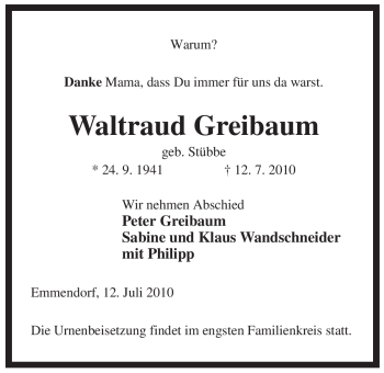 Traueranzeige von Waltraud Greibaum von ALLGEMEINE ZEITUNG UELZEN