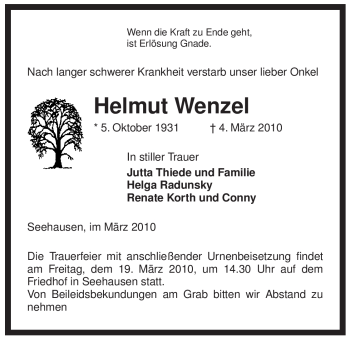 Traueranzeige von Helmut Wenzel von ALLGEMEINE ZEITUNG UELZEN
