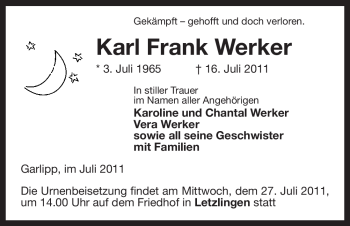 Traueranzeige von Karl Frank Werker von ALLGEMEINE ZEITUNG UELZEN