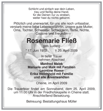 Traueranzeige von Rosemarie Fließ von ALLGEMEINE ZEITUNG UELZEN