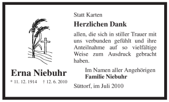 Traueranzeige von Erna Niebuhr von ALLGEMEINE ZEITUNG UELZEN