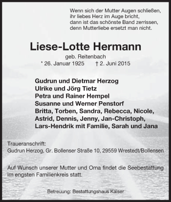 Traueranzeige von Liese-Lotte Hermann von Uelzen