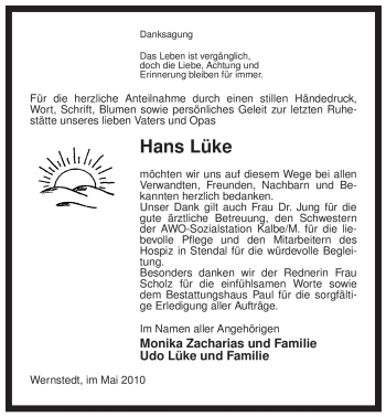 Traueranzeige von Hans Lüke von ALLGEMEINE ZEITUNG UELZEN