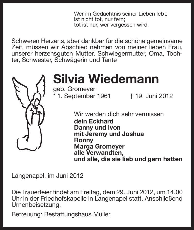  Traueranzeige für Silvia Wiedemann vom 22.06.2012 aus ALLGEMEINE ZEITUNG UELZEN