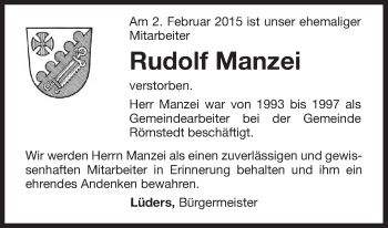 Traueranzeige von Rudolf Manzei von Uelzen