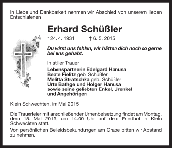 Traueranzeige von Erhard Schüßler von Uelzen