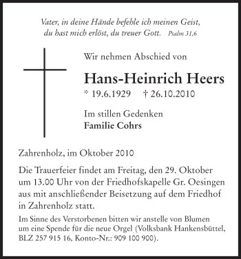 Traueranzeige von Hans-Heinrich Heers von ALLGEMEINE ZEITUNG UELZEN