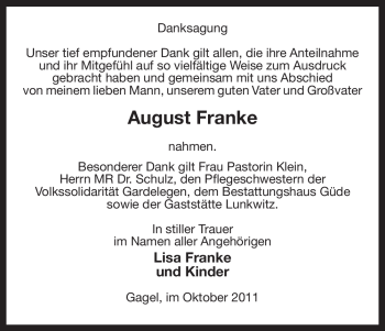 Traueranzeige von August Franke von ALLGEMEINE ZEITUNG UELZEN