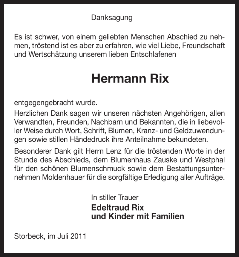  Traueranzeige für Hermann Rix vom 09.07.2011 aus ALLGEMEINE ZEITUNG UELZEN