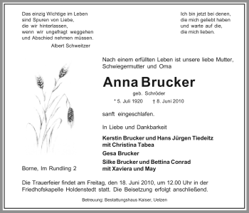 Traueranzeige von Anna Brucker von ALLGEMEINE ZEITUNG UELZEN