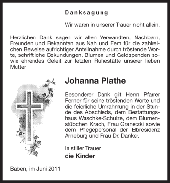 Traueranzeige von Johanna Plathe von ALLGEMEINE ZEITUNG UELZEN