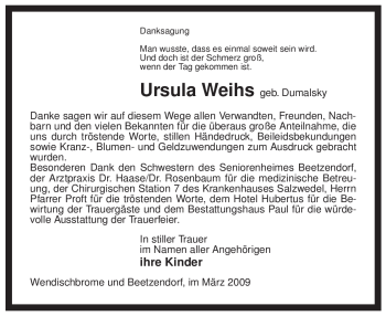 Traueranzeige von Ursula Weihs von ALLGEMEINE ZEITUNG UELZEN