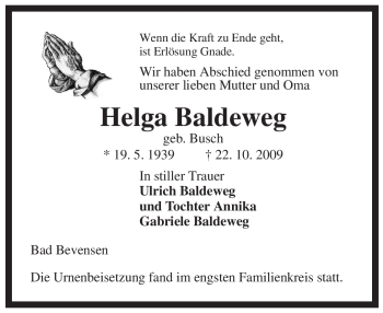 Traueranzeige von Helga Baldeweg von ALLGEMEINE ZEITUNG UELZEN