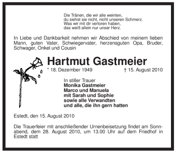 Traueranzeige von Hartmut Gastmeier von ALLGEMEINE ZEITUNG UELZEN