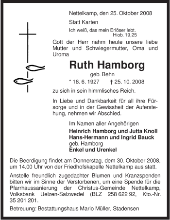 Traueranzeige von Ruth Hamborg von ALLGEMEINE ZEITUNG UELZEN