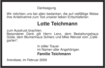 Traueranzeige von Lotte Teichmann von ALLGEMEINE ZEITUNG UELZEN
