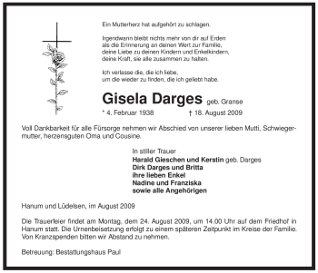 Traueranzeige von Gisela Darges von ALLGEMEINE ZEITUNG UELZEN