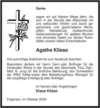 Traueranzeige von Agathe Kliese von ALLGEMEINE ZEITUNG UELZEN