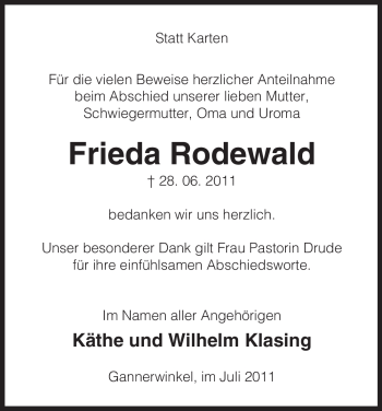 Traueranzeige von Frieda Rodewald von ALLGEMEINE ZEITUNG UELZEN