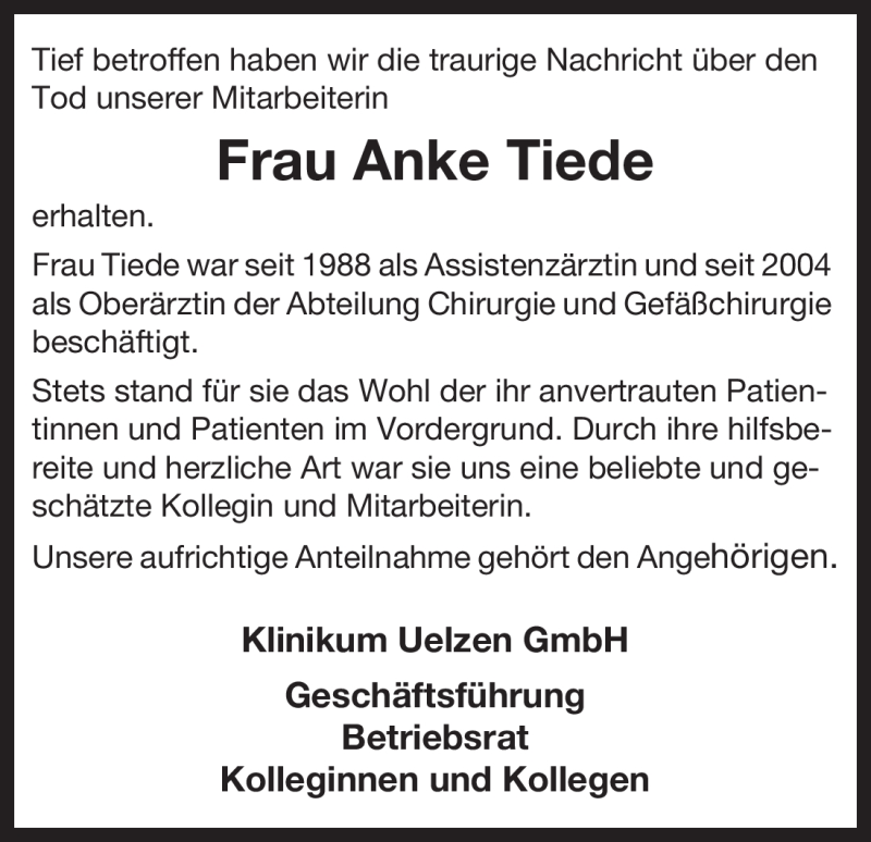  Traueranzeige für Anke Tiede vom 23.03.2011 aus ALLGEMEINE ZEITUNG UELZEN