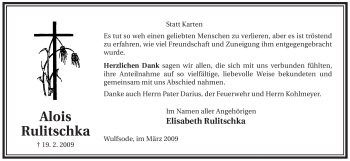 Traueranzeige von Alois Rulitschka von ALLGEMEINE ZEITUNG UELZEN