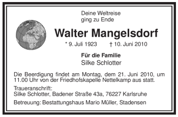 Traueranzeige von Walter Mangelsdorf von ALLGEMEINE ZEITUNG UELZEN