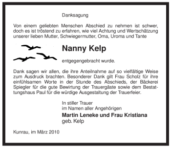 Traueranzeige von Nanny Kelp von ALLGEMEINE ZEITUNG UELZEN