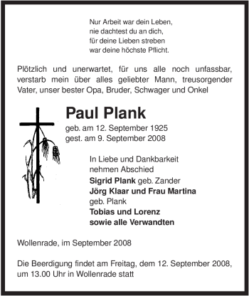 Traueranzeige von Paul Plank von ALLGEMEINE ZEITUNG UELZEN