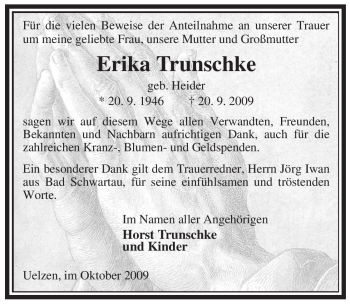 Traueranzeige von Erika Trunschke von ALLGEMEINE ZEITUNG UELZEN