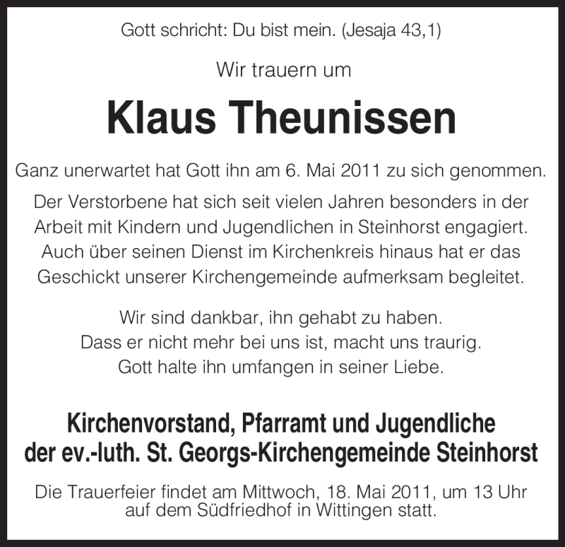  Traueranzeige für Klaus Theunissen vom 13.05.2011 aus ALLGEMEINE ZEITUNG UELZEN