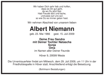 Traueranzeige von Albert Niemann von ALLGEMEINE ZEITUNG UELZEN