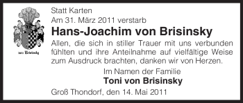 Traueranzeige von Hans-Joachim von Brisinsky von ALLGEMEINE ZEITUNG UELZEN